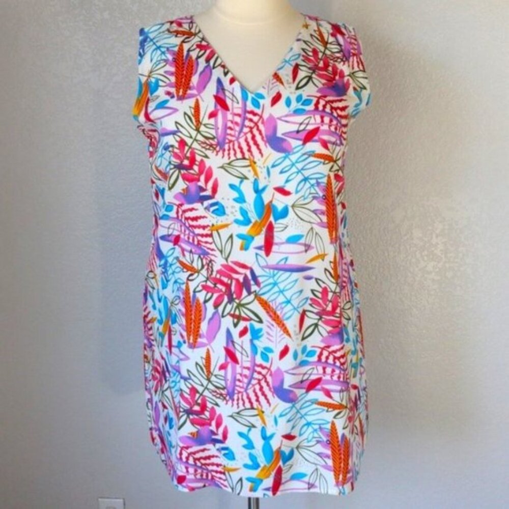 Sunny Oceans 2X Swim Cover Up Tunic Dress Botanical Print Sleeveless V-neck